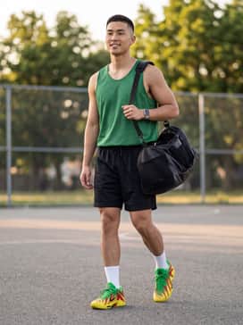 Ja 3 – A full performance basketball look with black mesh shorts, a matching green jersey, and white crew socks.