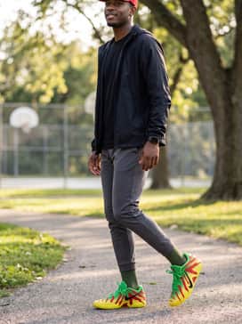 Ja 3 – Athleisure style using slim-fit charcoal joggers paired with a sleek black technical windbreaker and a red baseball cap.