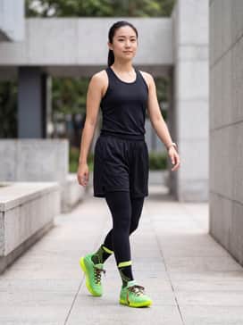 Ja 3 Spooky Season – A performance-focused look featuring black moisture-wicking compression tights under perforated lime green basketball shorts and a sleek black racerback jersey.