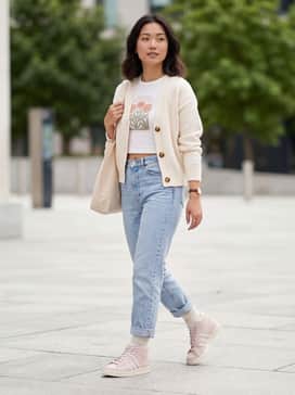 Jabbar Hi W Shoes – High-waisted light wash mom jeans paired with a white cropped graphic tee and a pastel cardigan for a vintage-inspired look.