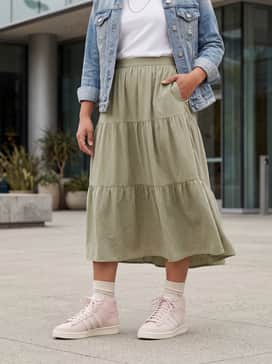 Jabbar Hi W Shoes – A floral midi dress in complementary soft tones layered with a light denim jacket to create a feminine yet edgy contrast.