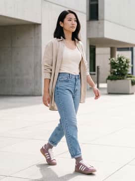 Light-wash high-waisted boyfriend jeans paired with a tucked-in cream ribbed tank top and an oversized beige linen button-down worn open.
