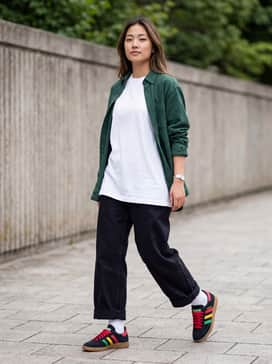 Wide-leg black denim trousers cuffed at the ankle paired with an oversized white graphic t-shirt and an unbuttoned forest green flannel shirt.