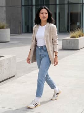 High-waisted cropped straight-leg denim in a light wash paired with a tucked-in white ribbed baby tee and an oversized beige linen blazer for a refined 'off-duty' model look.