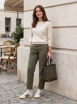 Japan Decon Shoes – Olive green slim-fit chinos worn with a cream-colored cashmere sweater and a structured leather tote bag for a sophisticated, tonal autumn ensemble.