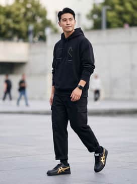 Japan Pro – Relaxed-fit black carpenter pants paired with a heavyweight oversized black hoodie featuring minimal gold graphics to echo the shoe's accents.