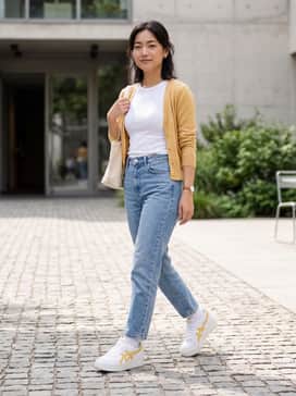 High-waisted light-wash 'mom' jeans paired with a cropped white baby tee and a delicate yellow cardigan to echo the shoe's accents.