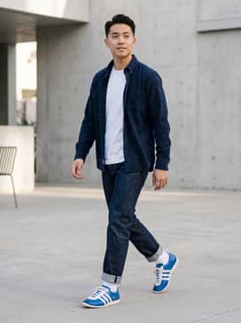 Pair these sneakers with raw indigo selvedge denim jeans, a crisp white T-shirt, and an unbuttoned navy blue flannel shirt for a timeless, rugged-casual look.