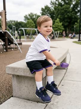 Jordan 4 Retro Imperial Purple – Black mesh athletic shorts and a white performance jersey with purple trim for a comfortable, court-inspired look during play.