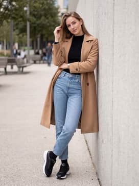 For a casual weekend vibe, wear straight-leg light wash denim with a tucked-in black ribbed mock-neck sweater. Finish the outfit with a camel-colored trench coat to create a sophisticated contrast with the athletic footwear.