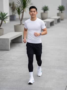 A performance-focused look featuring black moisture-wicking 5-inch running shorts, a white compression t-shirt, and white crew-length performance socks to emphasize the clean aesthetic.