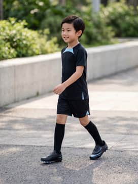 Jr Mercurial Vapor 16 Club – A coordinated team jersey in black and blue paired with breathable mesh athletic shorts and knee-high soccer socks.