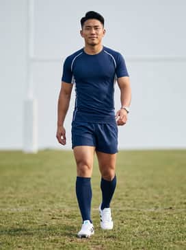 A professional match-day look featuring a tight-fit moisture-wicking rugby jersey, matching reinforced shorts, and high-performance compression socks pulled to the knee.