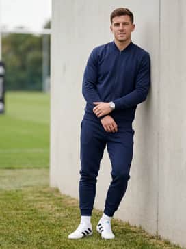 A sleek post-game aesthetic using a navy blue tapered club tracksuit with a full-zip jacket and elastic-cuff joggers that highlight the boots' clean white profile.