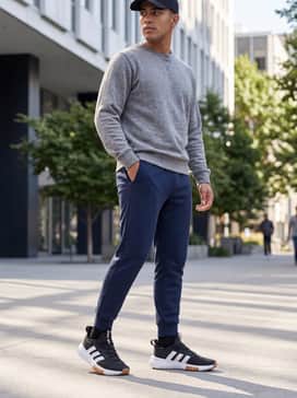 Casual streetwear ensemble with tapered navy blue joggers, a grey heathered oversized hoodie, and a black baseball cap for a relaxed weekend aesthetic.