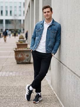 Kaptir 40 Shoes – Elevated athleisure style using slim-fit black chinos cuffed at the ankle, a crisp white performance polo shirt, and a classic blue denim jacket for a smart-casual vibe.
