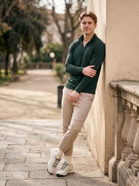 Kd18 – Tapered beige tech fleece joggers paired with a slim-fit dark green quarter-zip pullover for a cohesive, athletic-casual look.