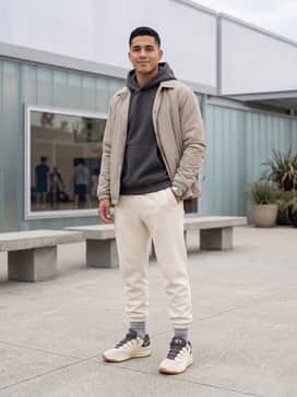 An off-court sporty ensemble consisting of oversized cream fleece joggers, a dark grey heavyweight hoodie, and a matching neutral-toned nylon coach jacket.