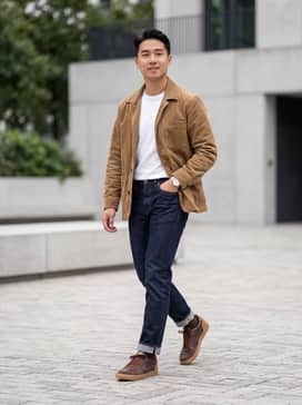 Killshot 2 Leather – A classic weekend look featuring slim-fit dark indigo denim jeans, a crisp white organic cotton t-shirt, and a rugged tan corduroy chore coat to complement the earthy tones of the sneakers.