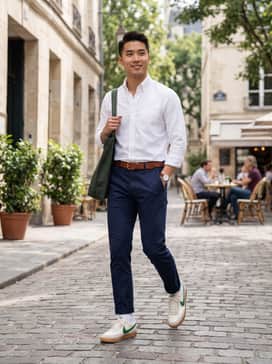 Pair with slim-fit navy chinos, a crisp white Oxford button-down shirt, and a brown leather belt that complements the gum sole for a polished, preppy look.