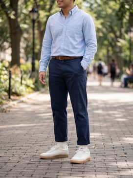 Killshot 2 Leather – Style with navy blue chinos, a tucked-in light blue Oxford button-down shirt, and a brown leather belt to emphasize a preppy, polished look.