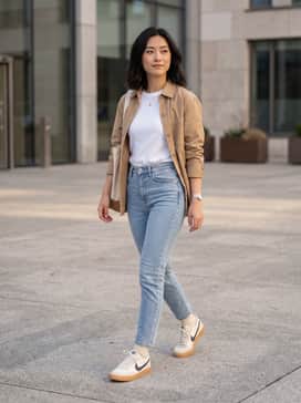 Killshot 2 – High-waisted, light-wash slim jeans paired with a crisp white t-shirt and a tan unbuttoned overshirt for a relaxed weekend look.