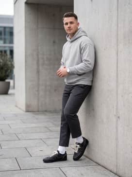 Killshot 2 – Charcoal grey cropped trousers worn with white athletic socks and a light grey oversized hoodie for a modern 'athleisure-meets-streetwear' vibe.