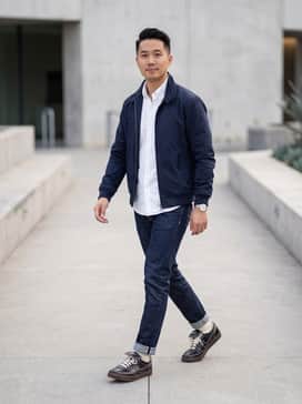 Raw indigo slim-fit denim with a neat cuff, a crisp white Oxford button-down shirt, and a navy blue Harrington jacket for a classic look.