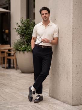 Black tailored trousers worn with a tucked-in cream-colored polo shirt and a brown leather belt to complement the gum sole.
