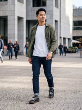 Killshot 2 Premium – Slim-fit dark indigo denim jeans paired with a crisp white crewneck t-shirt and an unbuttoned olive green overshirt for a rugged yet refined look.