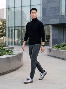 Pair with charcoal grey slim-fit trousers and a black cashmere turtleneck for a sophisticated monochromatic aesthetic that highlights the metallic finish.