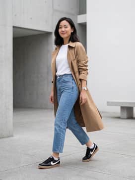 High-waisted cropped straight-leg jeans in a light wash, paired with a tucked-in white t-shirt and an oversized camel trench coat.