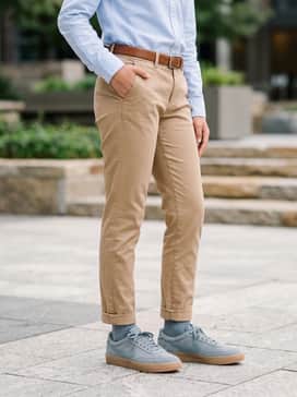 Killshot 2 – A smart-casual ensemble with tapered tan chinos, a tucked-in light blue oxford button-down shirt, and a brown leather belt to match the gum sole.