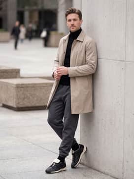 King Indoor Icons Mens Sneakers – Tapered grey tech-fleece joggers combined with a black slim-fit turtleneck and a minimalist beige trench coat for a sophisticated athleisure look.