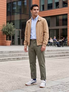Style with slim beige chinos, a tucked-in light blue oxford shirt, and a tan harrington jacket to lean into the shoe's classic athletic heritage.