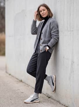 Combine with relaxed charcoal wool trousers and a premium grey mohair cardigan over a black turtleneck for a textured, monochromatic outfit.