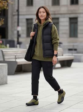 Black tapered cargo pants paired with an oversized olive green hoodie and a black puffer vest for a utilitarian streetwear vibe.