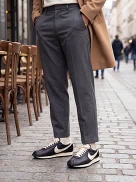 Ld1000 Premium – Style with charcoal grey tailored chinos, a black cashmere sweater, and a camel-colored overcoat to bridge the gap between athletic and smart-casual.