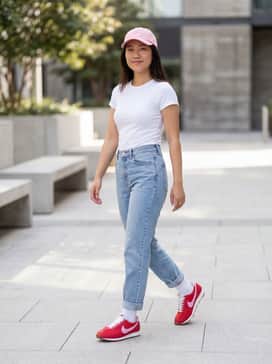 Ld1000 Se – High-waisted light-wash mom jeans paired with a tucked-in white baby tee and a matching pink baseball cap for a playful 90s-inspired look.