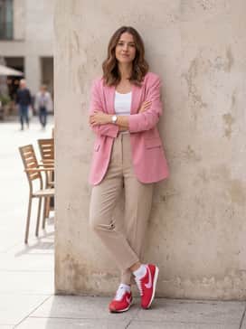 Ld1000 Se – Neutral-toned beige tailored trousers and a simple white tank top topped with an oversized pink blazer for a sophisticated smart-casual ensemble.