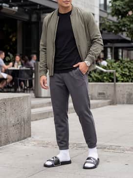 Leadcat 20 Slides – Distressed lightwash denim shorts paired with a relaxed-fit linen button-down shirt in a neutral tone for a sophisticated summer-ready outfit.