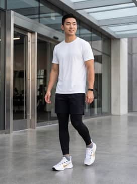 Pair with tapered black tech joggers and a moisture-wicking white compression tee for a high-performance gym look that highlights the gold accents.