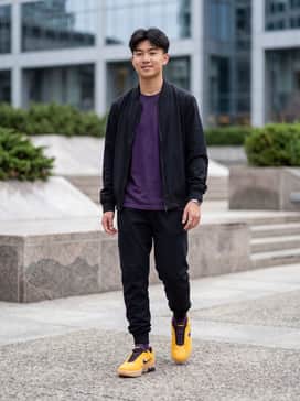 A matching team basketball jersey paired with breathable mesh shorts in a deep purple or black to echo the shoe's accent colors.