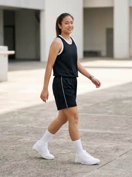 Lebron Witness 9 – A full performance basketball kit including black mesh shorts with a side stripe, a matching team jersey, and white crew socks pulled high to accentuate the shoe's sleek silhouette.