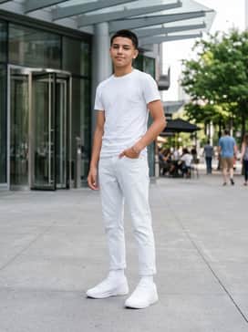 Lebron Witness 9 – A clean streetwear ensemble featuring light-wash tapered denim jeans, an oversized white heavy-knit hoodie, and a silver watch for a crisp, monochromatic aesthetic.