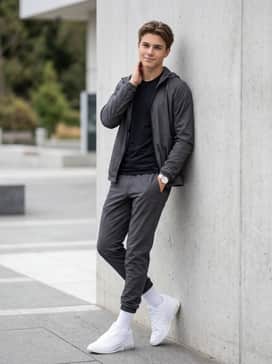 Lebron Witness 9 – Technical athleisure look consisting of charcoal grey moisture-wicking joggers, a fitted black performance tee, and a lightweight nylon windbreaker in a neutral tone.