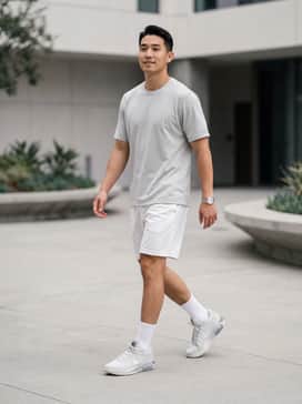 A classic court-ready look featuring a light grey mesh basketball jersey paired with white performance shorts and white cushioned crew socks to emphasize the shoe's sleek profile.