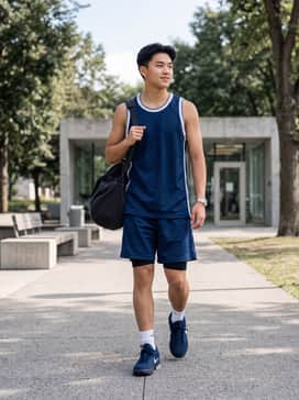 Lebron Witness 9 – A matching navy blue basketball jersey and mesh shorts for a professional on-court appearance.