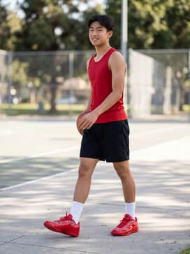 Lebron Xxiii Best In Class – A performance-focused court ensemble featuring black mesh basketball shorts, a matching red moisture-wicking jersey, and mid-calf white athletic socks to emphasize the shoe's bold profile.