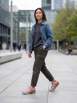 A streetwear-inspired look featuring black slim-fit distressed jeans, a vintage wash graphic oversized t-shirt, and a metallic-accented bomber jacket to complement the shoe's copper tones.